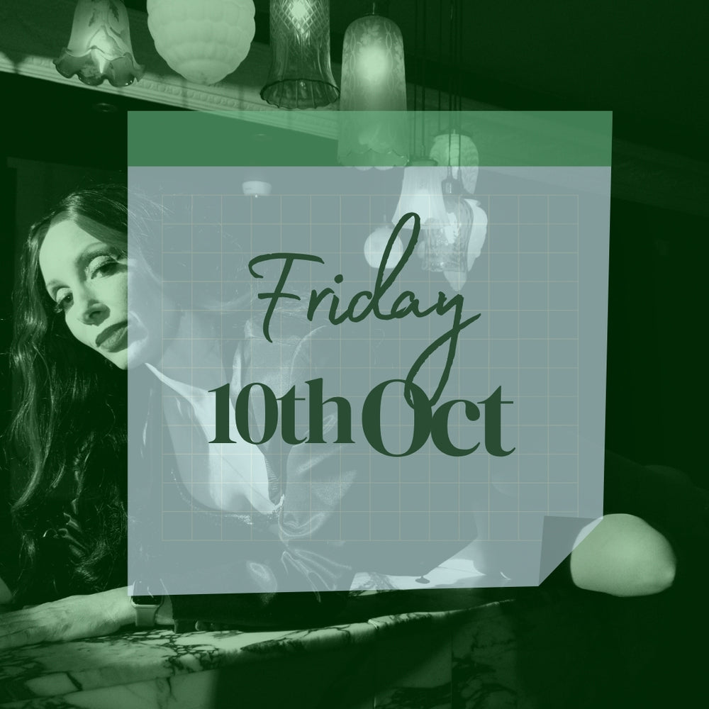 Friday 10th October tickets available to this Sydney CBD show this weekend. Glamorous woman lying on vintage bar in background. Weekend date showing tickets available in front. 
