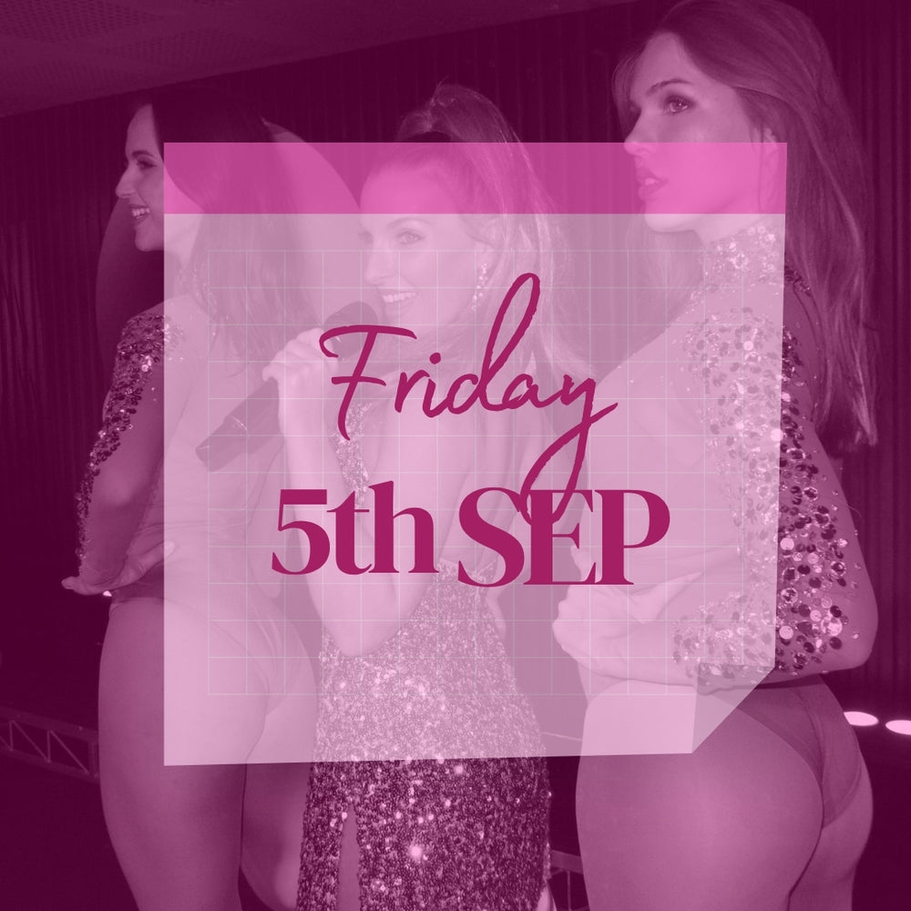 Calendar date showing tickets now available. Two dancers and a singer in background. Tickets for Friday 5th September 2025 to burlesque dinner show in Sydney CBD.