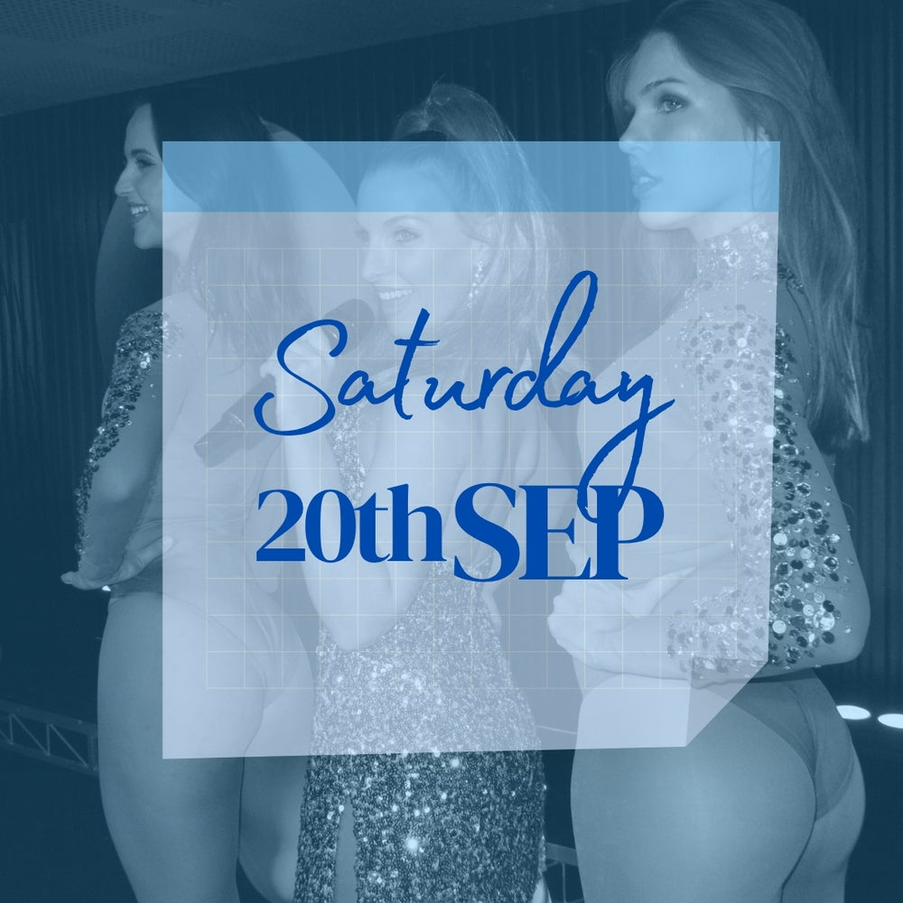 Calendar date showing tickets now available. Two dancers and a singer in background. Tickets for Saturday 20th September 2025 to burlesque dinner show in Sydney CBD.