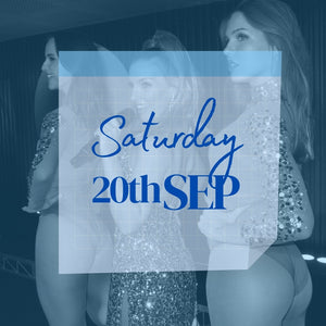 Calendar date showing tickets now available. Two dancers and a singer in background. Tickets for Saturday 20th September 2025 to burlesque dinner show in Sydney CBD.