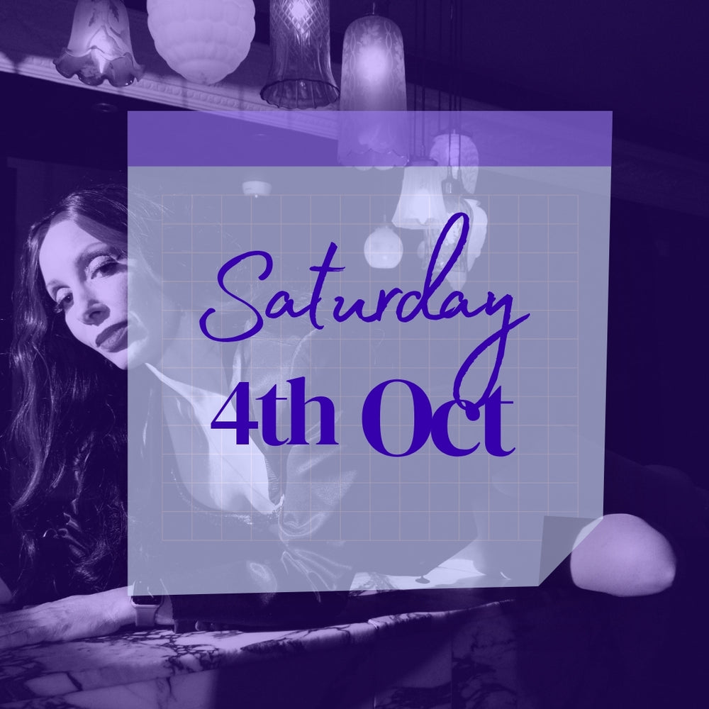 Saturday 4th October tickets available to this Sydney CBD show this weekend. Glamorous woman lying on vintage bar in background. Weekend date showing tickets available in front. 