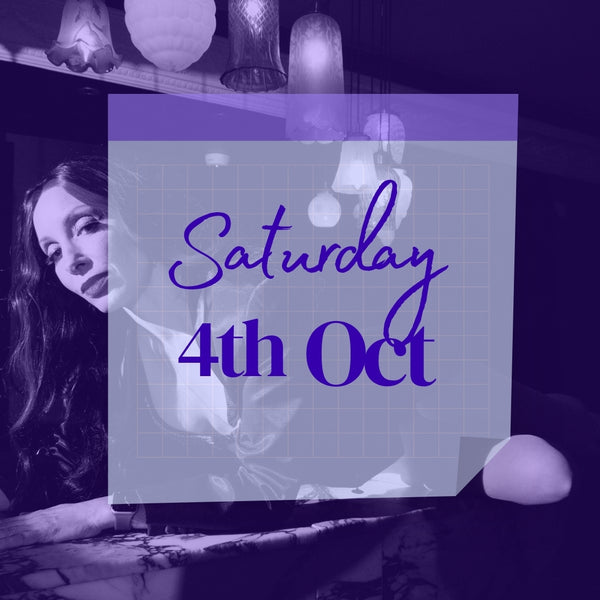 Saturday 4th October tickets available to this Sydney CBD show this weekend. Glamorous woman lying on vintage bar in background. Weekend date showing tickets available in front. 