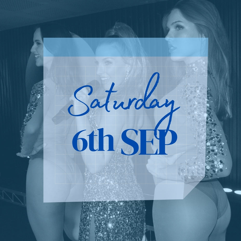Calendar date showing tickets now available. Two dancers and a singer in background. Tickets for Saturday 6th September 2025 to burlesque dinner show in Sydney CBD.