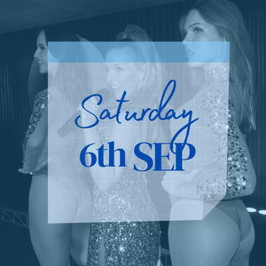 Calendar date showing tickets now available. Two dancers and a singer in background. Tickets for Saturday 6th September 2025 to burlesque dinner show in Sydney CBD.