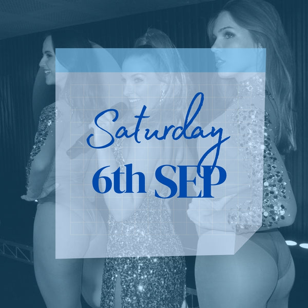 Calendar date showing tickets now available. Two dancers and a singer in background. Tickets for Saturday 6th September 2025 to burlesque dinner show in Sydney CBD.